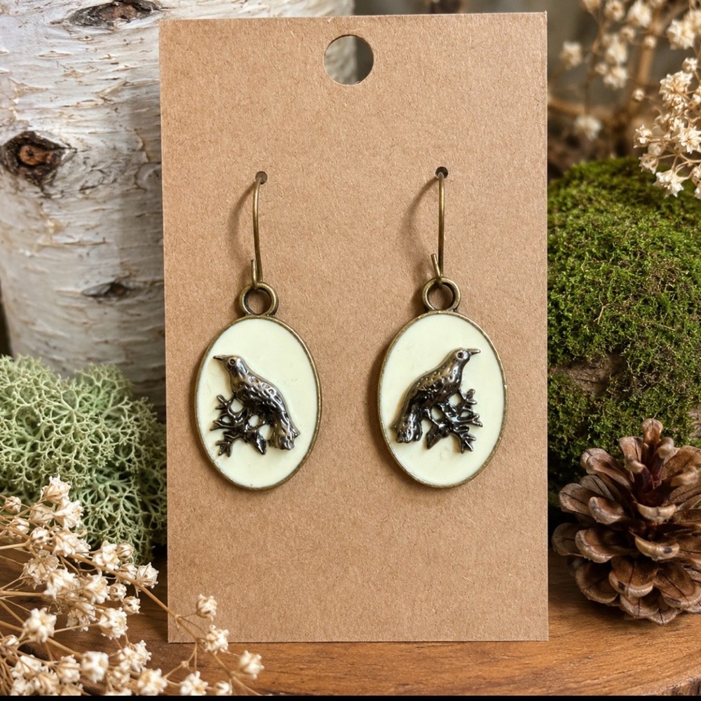 Vintage Artisan Bird Cameo Earrings Ivory Enamel Oval Dangle Cottagecore